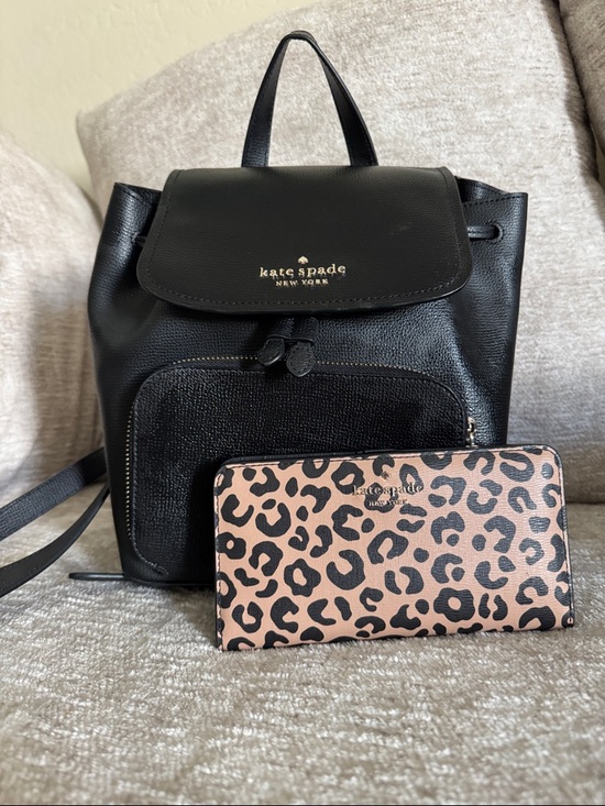 kate spade Black Leather Backpack with Leopard Zip Wallet